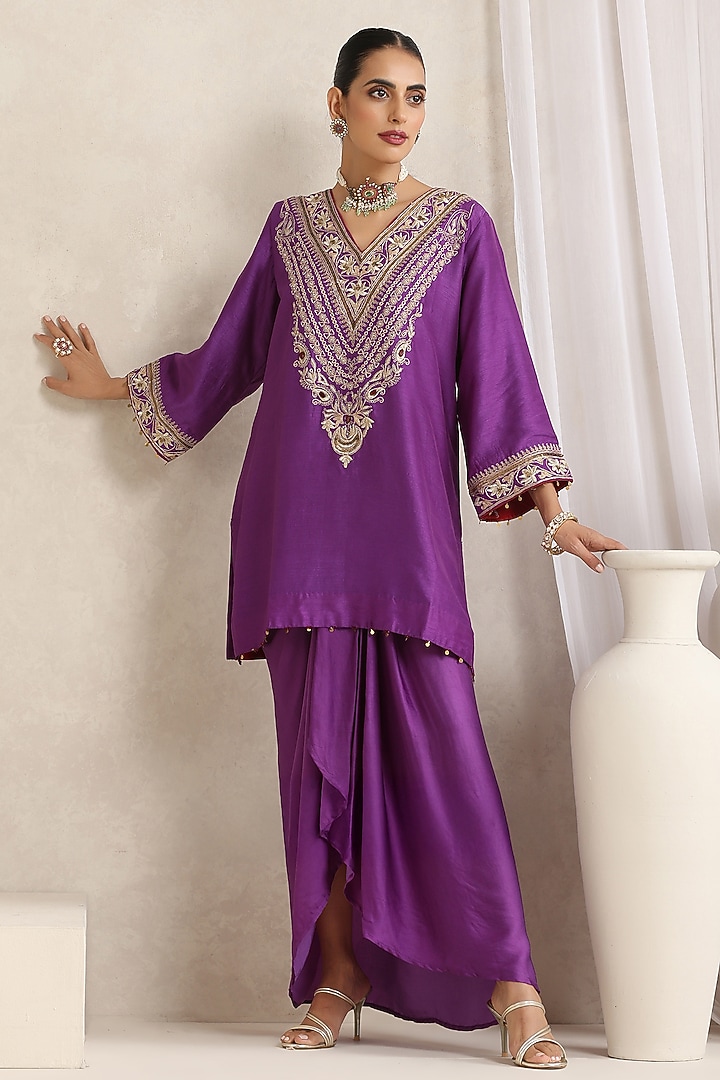 Purple Bemberg Silk Hand Embroidered Kurta Set by A Touch Of Zari at Pernia's Pop Up Shop