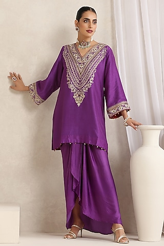 Purple Bemberg Silk Hand Embroidered Kurta Set by A Touch Of Zari