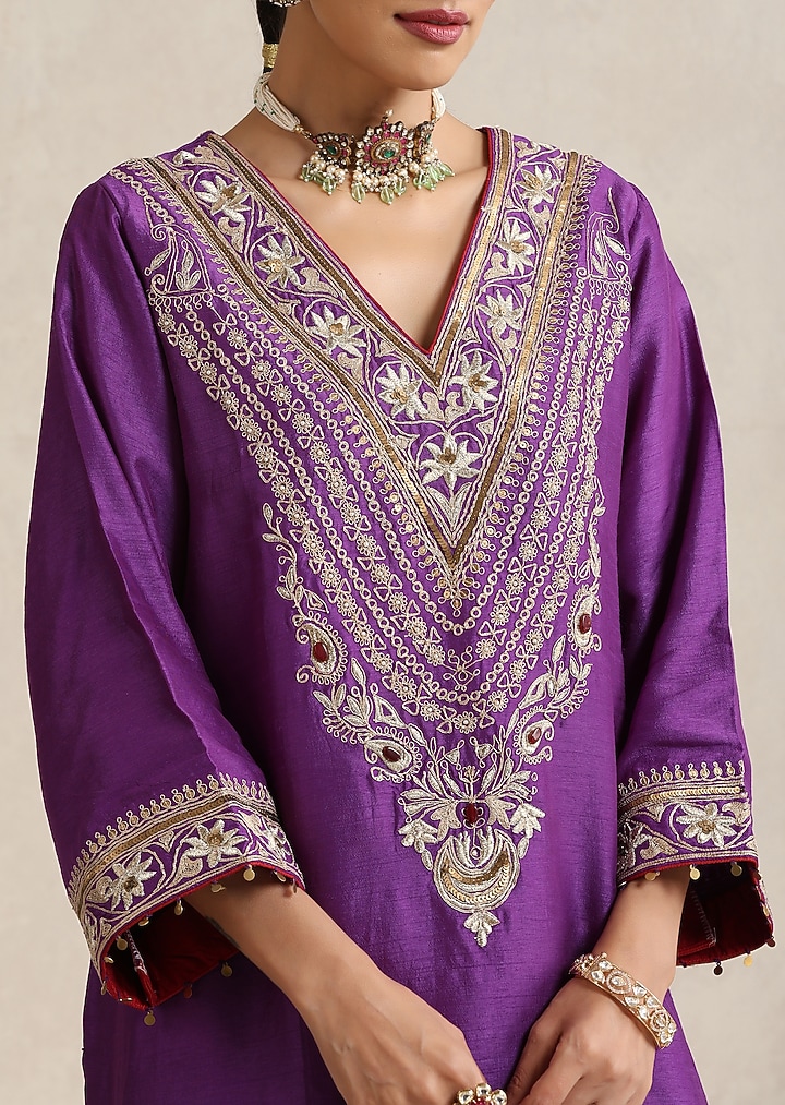 Purple Bemberg Silk Hand Embroidered Kurta Set by A Touch Of Zari at Pernia's Pop Up Shop