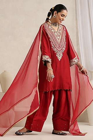 Deep Red Bemberg Silk Hand Embroidered Kurta Set by A Touch Of Zari