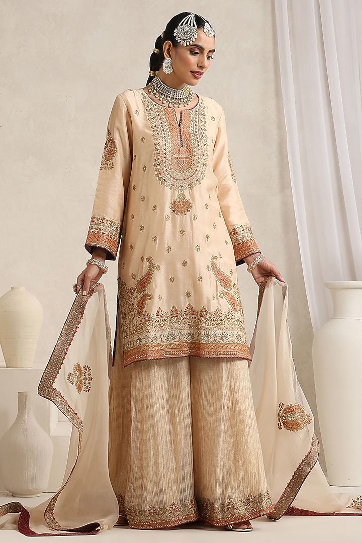 Ivory-Gold Pure Chanderi Tissue Wedding Sharara Set by A Touch Of Zari at Pernia's Pop Up Shop