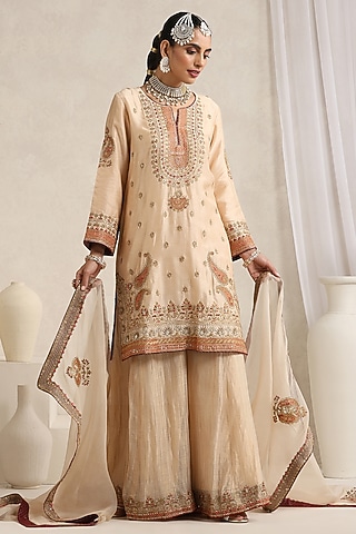Ivory-Gold Pure Chanderi Tissue Sharara Set by A Touch Of Zari