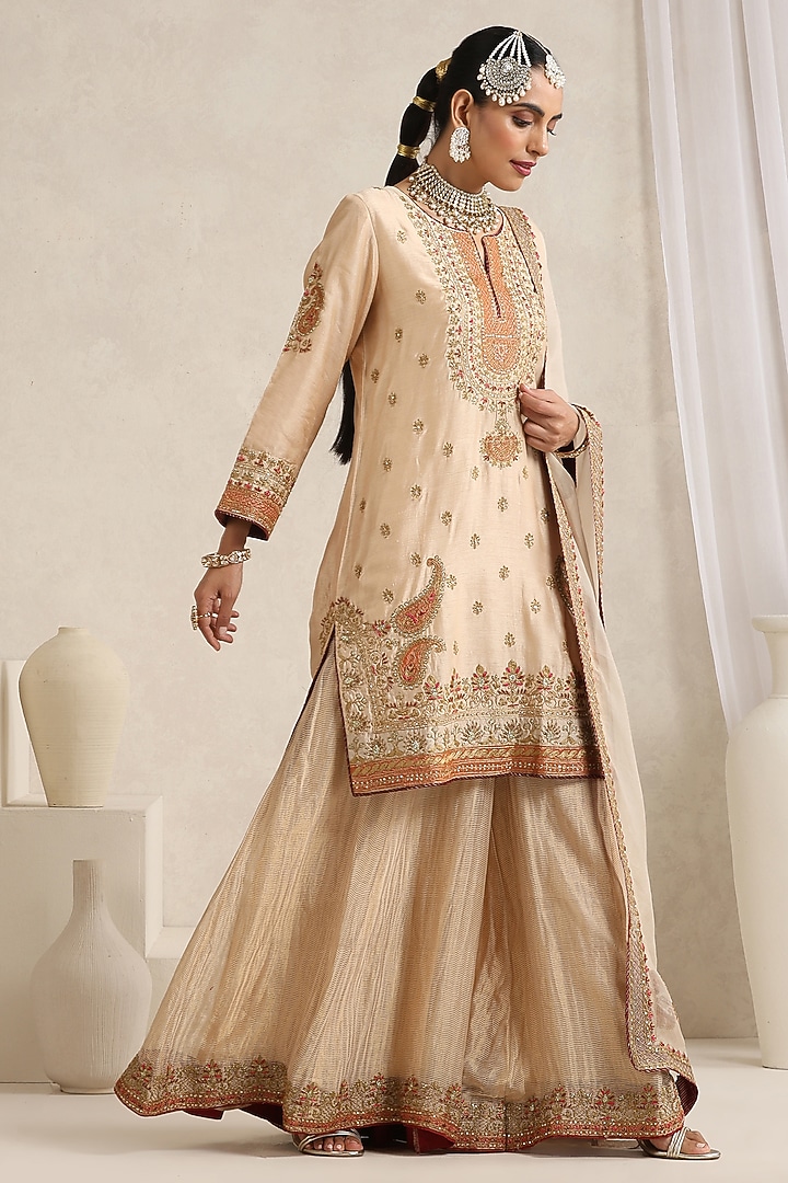 Ivory-Gold Pure Chanderi Tissue Wedding Sharara Set by A Touch Of Zari at Pernia's Pop Up Shop