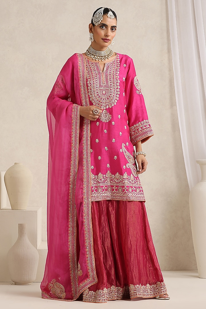 Hot Pink Pure Chanderi Tissue Wedding Sharara Set by A Touch Of Zari at Pernia's Pop Up Shop