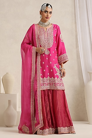 Hot Pink Pure Chanderi Tissue Sharara Set by A Touch Of Zari