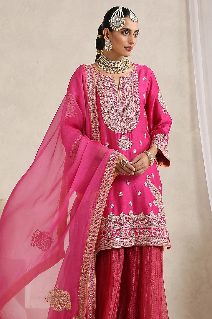 Hot Pink Pure Chanderi Tissue Wedding Sharara Set by A Touch Of Zari at Pernia's Pop Up Shop