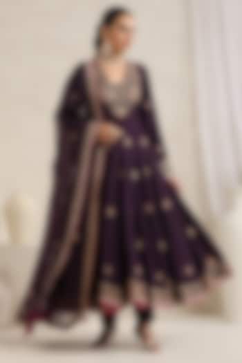 Aubergine Bemberg Silk Hand Embroidered Wedding Anarkali Set by A Touch Of Zari at Pernia's Pop Up Shop