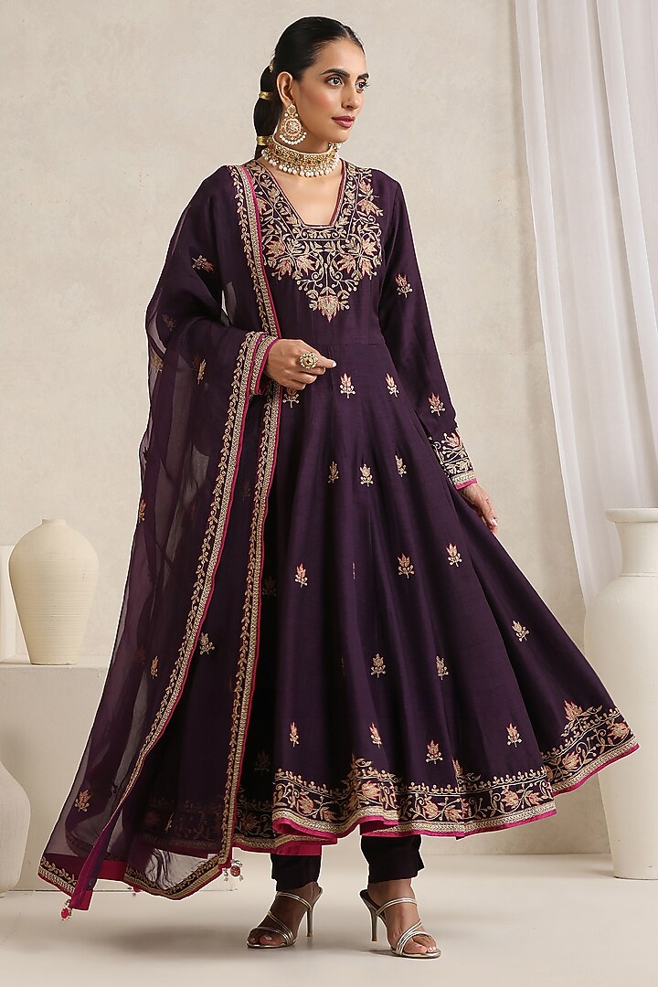 Aubergine Bemberg Silk Hand Embroidered Wedding Anarkali Set by A Touch Of Zari at Pernia's Pop Up Shop