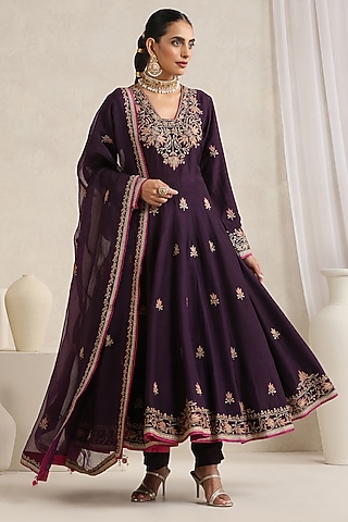 Aubergine Bemberg Silk Hand Embroidered Anarkali Set by A Touch Of Zari