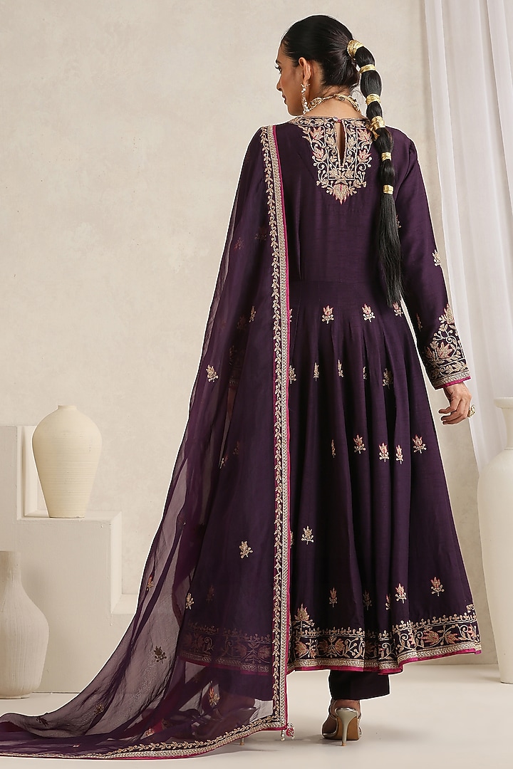 Aubergine Bemberg Silk Hand Embroidered Wedding Anarkali Set by A Touch Of Zari at Pernia's Pop Up Shop
