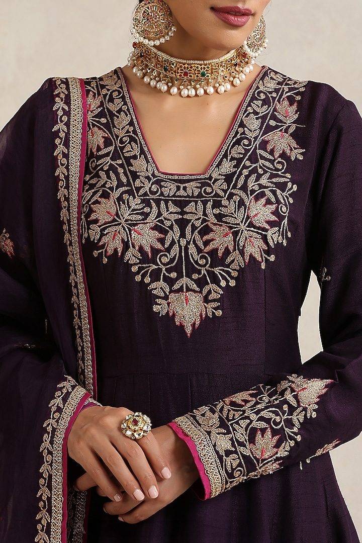Aubergine Bemberg Silk Hand Embroidered Wedding Anarkali Set by A Touch Of Zari at Pernia's Pop Up Shop