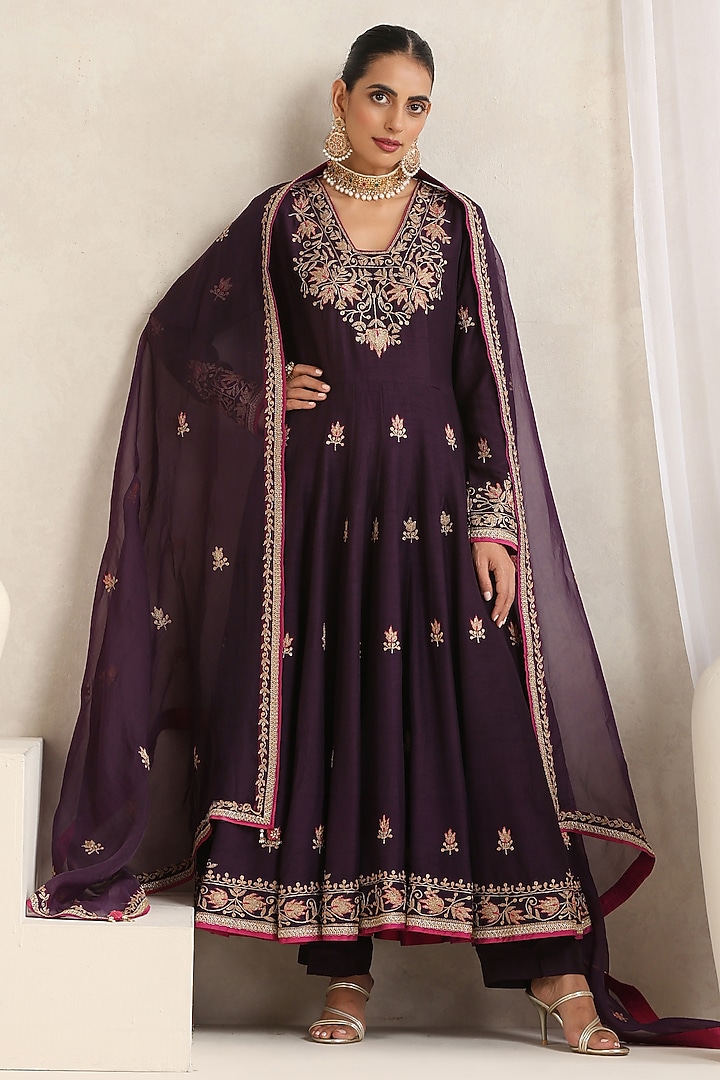 Aubergine Bemberg Silk Hand Embroidered Wedding Anarkali Set by A Touch Of Zari at Pernia's Pop Up Shop