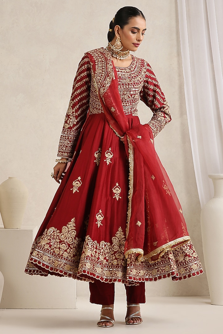 Maroon Pure Silk Chanderi Hand Embroidered Wedding Anarkali Set by A Touch Of Zari at Pernia's Pop Up Shop