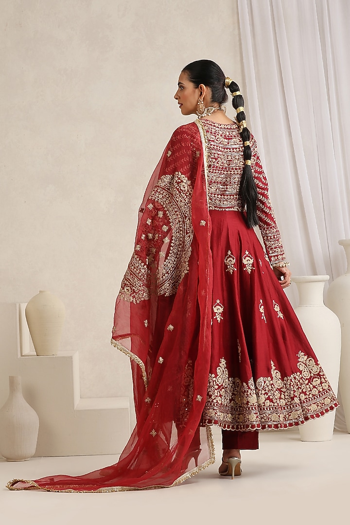 Maroon Pure Silk Chanderi Hand Embroidered Wedding Anarkali Set by A Touch Of Zari at Pernia's Pop Up Shop