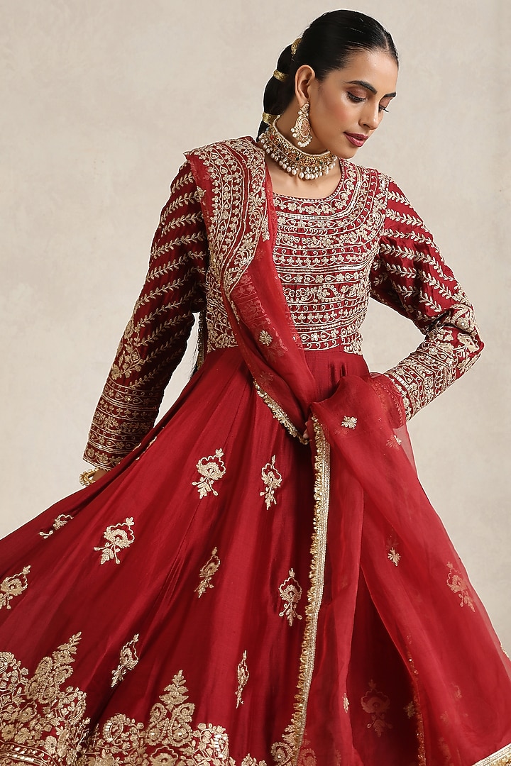 Maroon Pure Silk Chanderi Hand Embroidered Wedding Anarkali Set by A Touch Of Zari at Pernia's Pop Up Shop