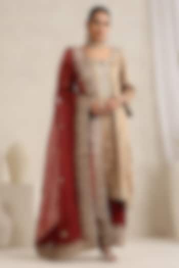 Gold Silk Handloom Tissue hand Embroidered Kurta Set by A Touch Of Zari at Pernia's Pop Up Shop