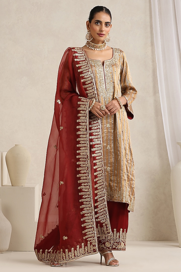 Gold Silk Handloom Tissue hand Embroidered Kurta Set by A Touch Of Zari at Pernia's Pop Up Shop