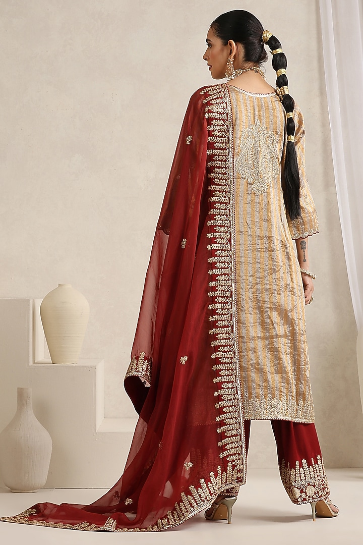 Gold Silk Handloom Tissue hand Embroidered Kurta Set by A Touch Of Zari at Pernia's Pop Up Shop