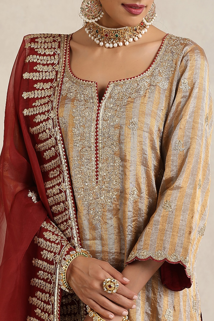 Gold Silk Handloom Tissue hand Embroidered Kurta Set by A Touch Of Zari at Pernia's Pop Up Shop