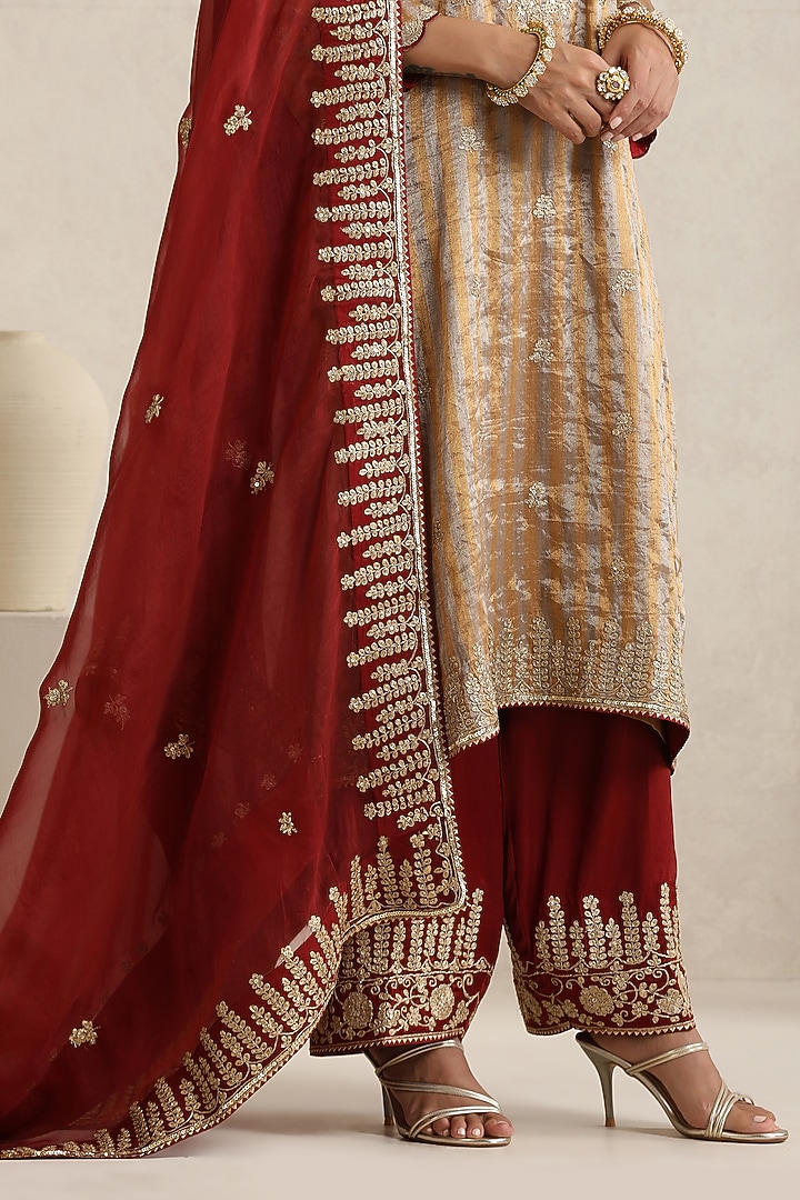 Gold Silk Handloom Tissue hand Embroidered Kurta Set by A Touch Of Zari at Pernia's Pop Up Shop