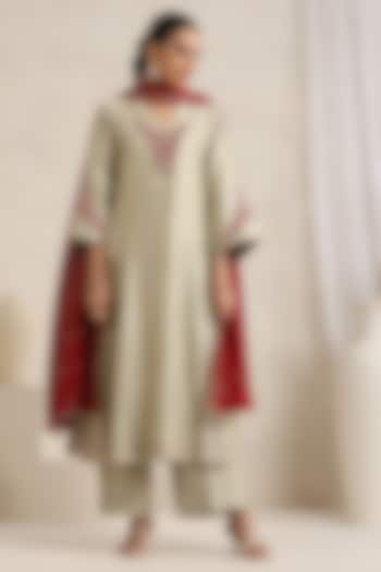 Soft Beige Pure Chanderi Silk Zari Embroidered A-Line Kurta Set by A Touch Of Zari at Pernia's Pop Up Shop