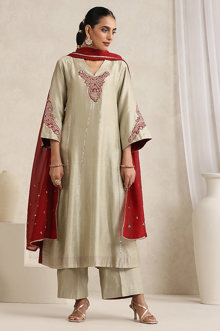 Soft Beige Pure Chanderi Silk Zari Embroidered A-Line Kurta Set by A Touch Of Zari at Pernia's Pop Up Shop