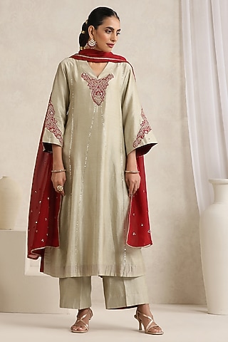 Soft Beige Pure Chanderi Silk Zari Embroidered A-Line Kurta Set by A Touch Of Zari