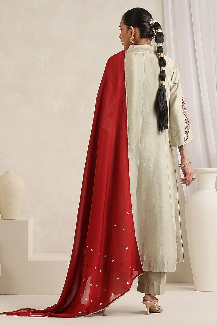 Soft Beige Pure Chanderi Silk Zari Embroidered A-Line Kurta Set by A Touch Of Zari at Pernia's Pop Up Shop