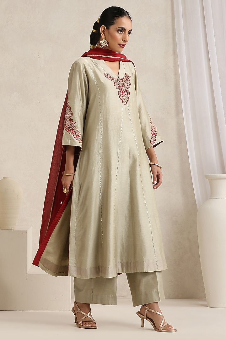 Soft Beige Pure Chanderi Silk Zari Embroidered A-Line Kurta Set by A Touch Of Zari at Pernia's Pop Up Shop