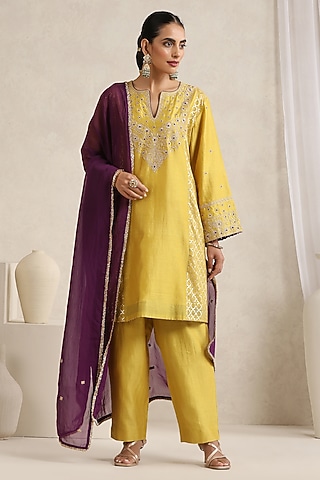 Yellow Pure Silk Chanderi Zari Embroidered Kurta Set by A Touch Of Zari