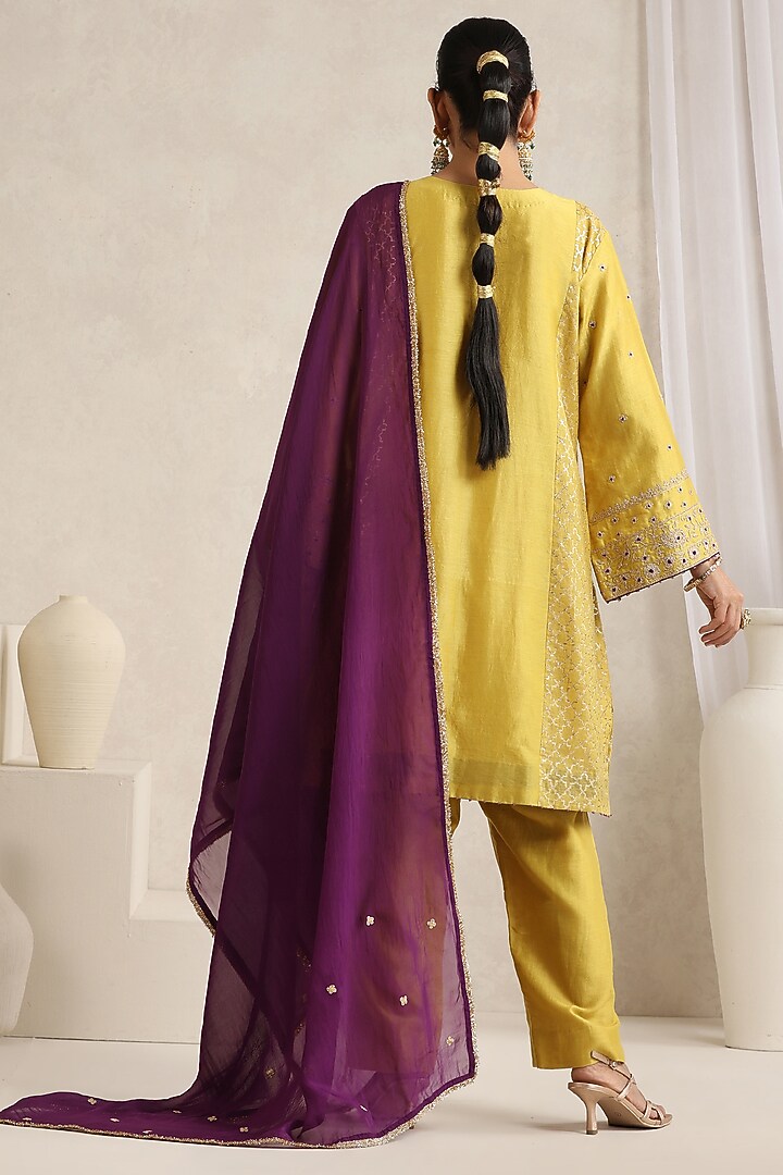 Yellow Pure Silk Chanderi Zari Embroidered Kurta Set by A Touch Of Zari at Pernia's Pop Up Shop