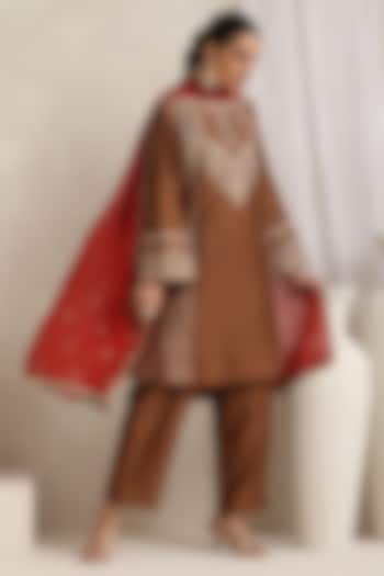 Brown Pure Silk Chanderi Zari Embroidered Kurta Set by A Touch Of Zari at Pernia's Pop Up Shop