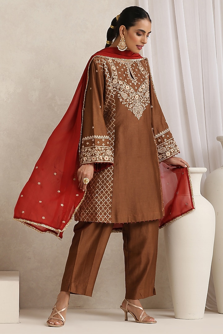 Brown Pure Silk Chanderi Zari Embroidered Kurta Set by A Touch Of Zari at Pernia's Pop Up Shop