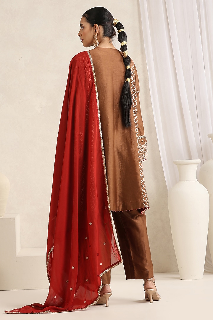 Brown Pure Silk Chanderi Zari Embroidered Kurta Set by A Touch Of Zari at Pernia's Pop Up Shop