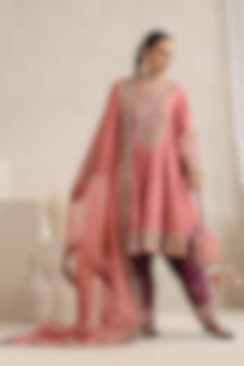 Peach Chanderi Silk Zari Embroidered Wedding Anarkali Set by A Touch Of Zari at Pernia's Pop Up Shop