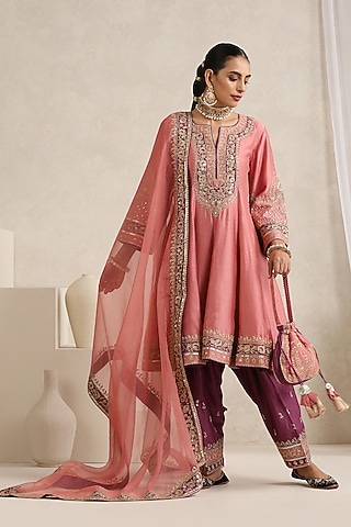 Peach Chanderi Silk Zari Embroidered Anarkali Set by A Touch Of Zari