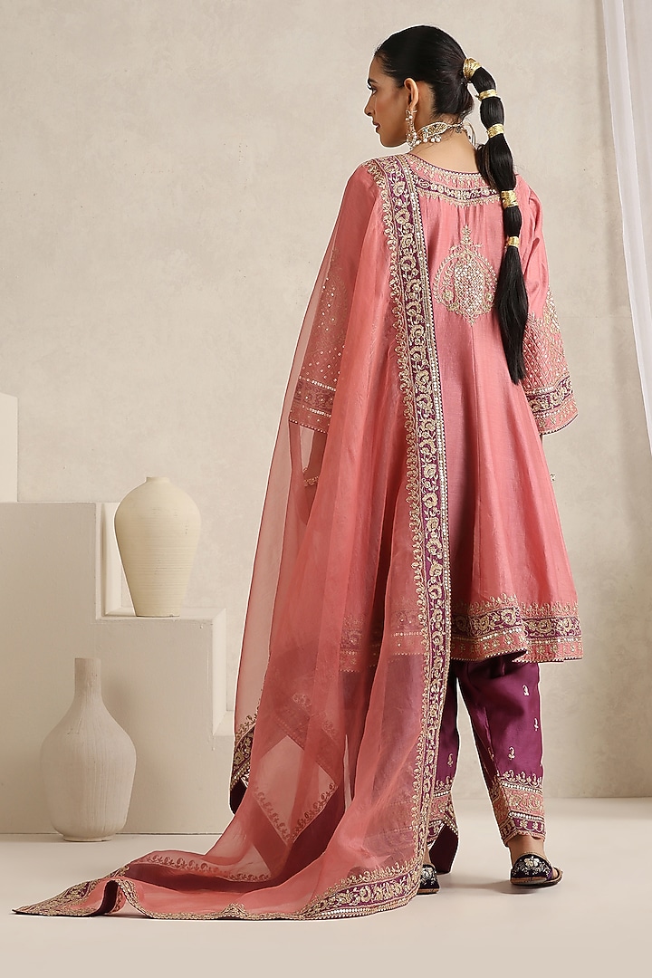 Peach Chanderi Silk Zari Embroidered Wedding Anarkali Set by A Touch Of Zari at Pernia's Pop Up Shop