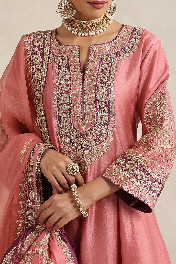 Peach Chanderi Silk Zari Embroidered Wedding Anarkali Set by A Touch Of Zari at Pernia's Pop Up Shop