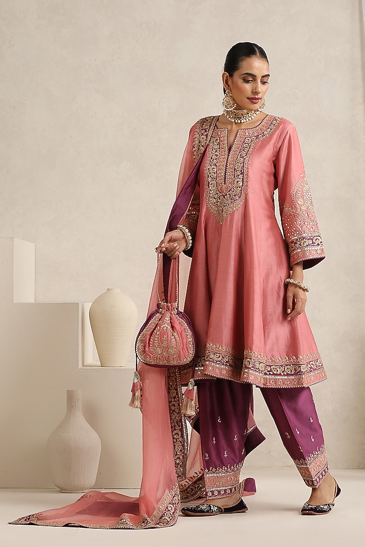 Peach Chanderi Silk Zari Embroidered Wedding Anarkali Set by A Touch Of Zari at Pernia's Pop Up Shop