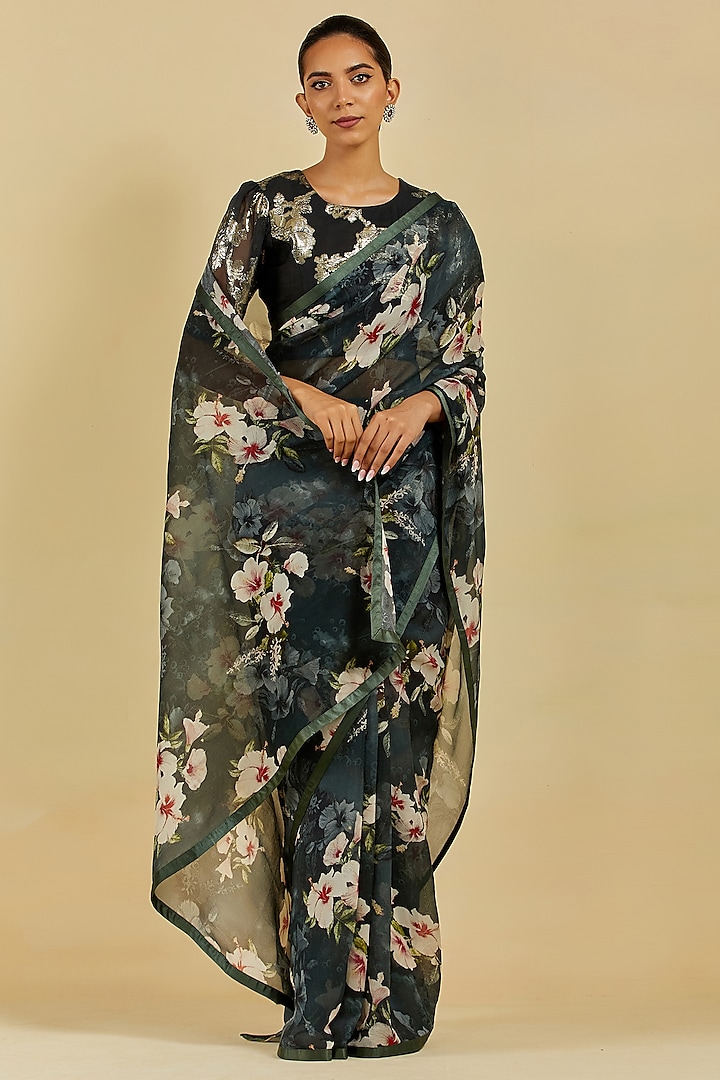 Black Printed Saree Set by Atelier Shikaarbagh