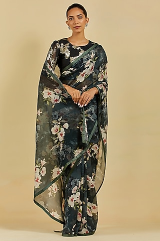 Black Printed Saree Set by Atelier Shikaarbagh