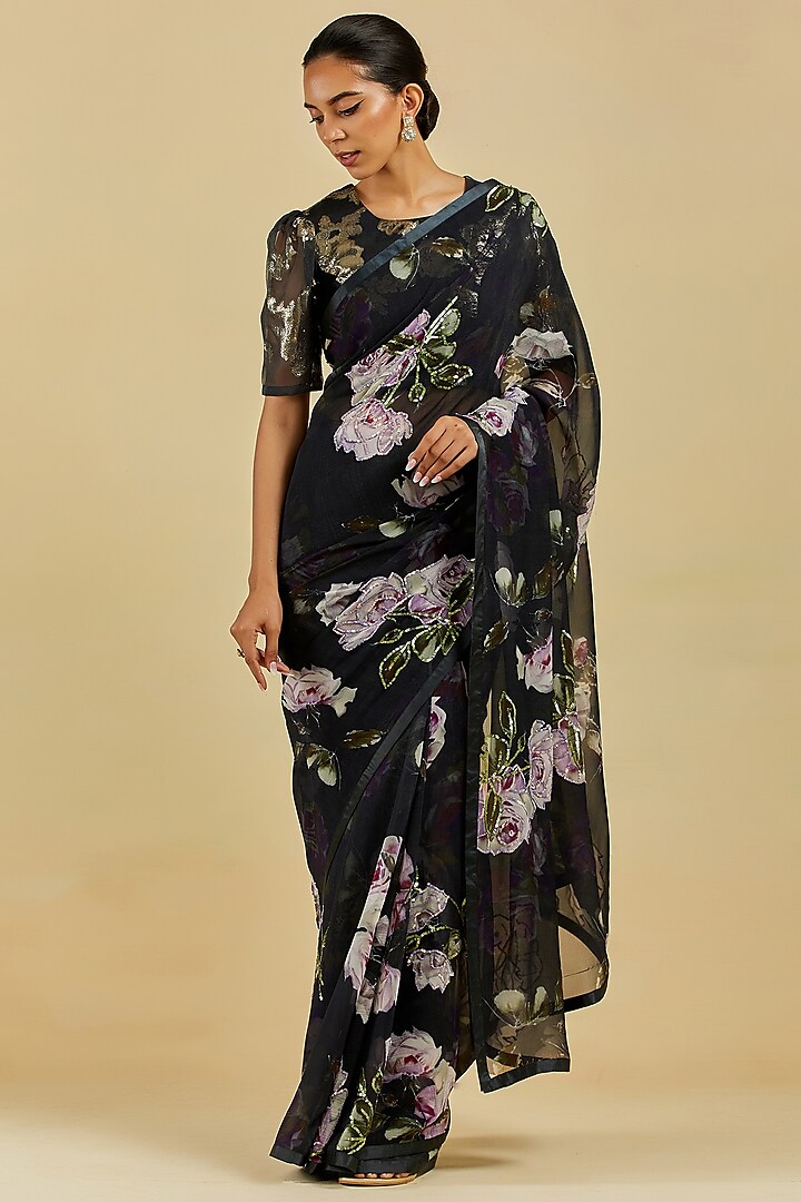 Black Printed & Embroidered Saree Set by Atelier Shikaarbagh