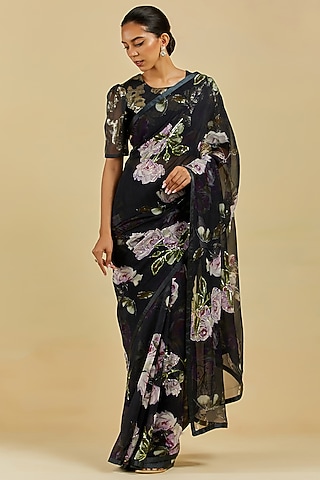 Black Printed & Embroidered Saree Set by Atelier Shikaarbagh