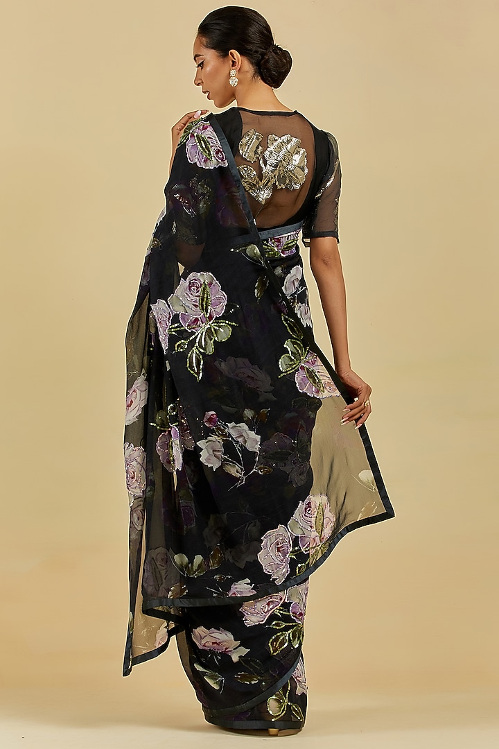 Black Printed & Embroidered Wedding Saree Set by Atelier Shikaarbagh at Pernia's Pop Up Shop