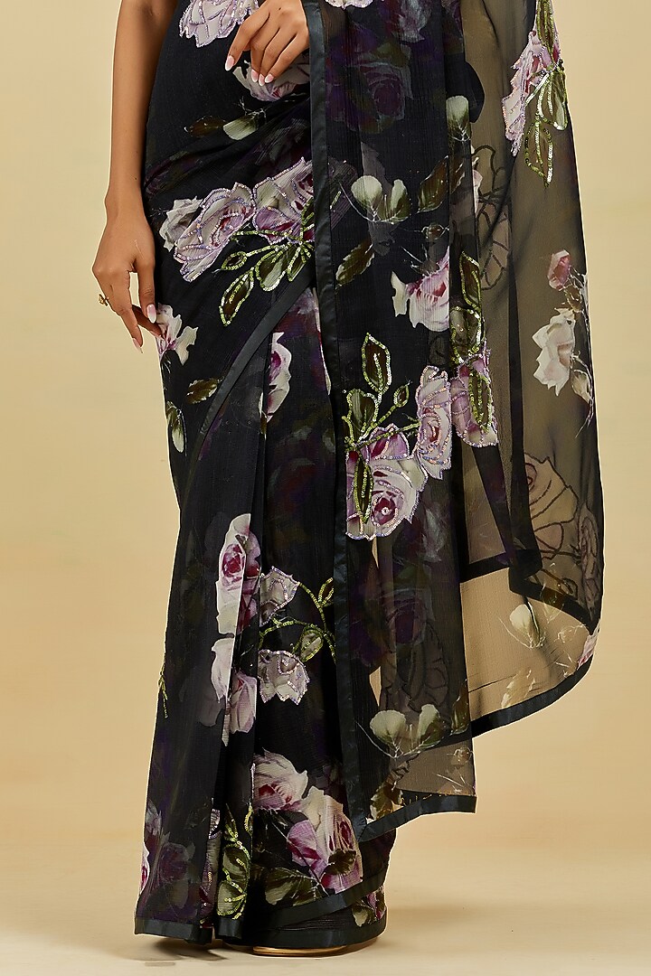 Black Printed & Embroidered Wedding Saree Set by Atelier Shikaarbagh at Pernia's Pop Up Shop