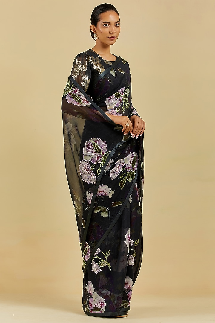Black Printed & Embroidered Wedding Saree Set by Atelier Shikaarbagh at Pernia's Pop Up Shop