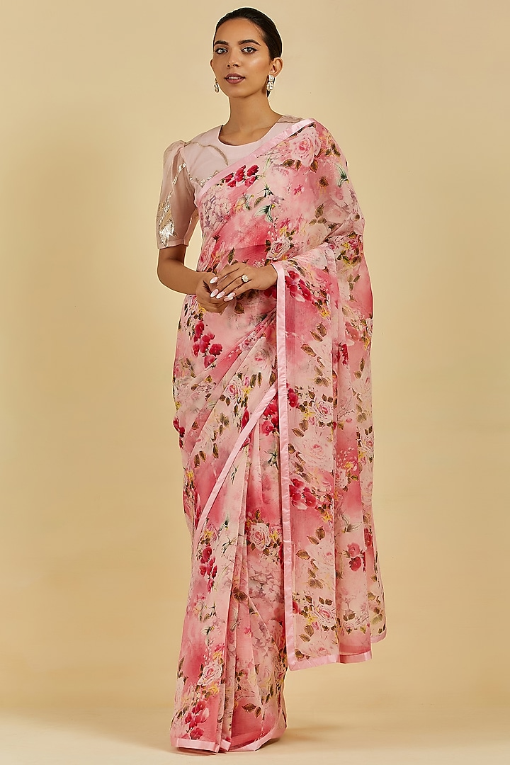 Pink Printed Saree Set by Atelier Shikaarbagh