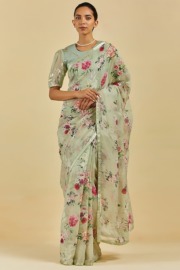 Sage Green Printed & Embroidered Saree Set by Atelier Shikaarbagh at Pernia's Pop Up Shop