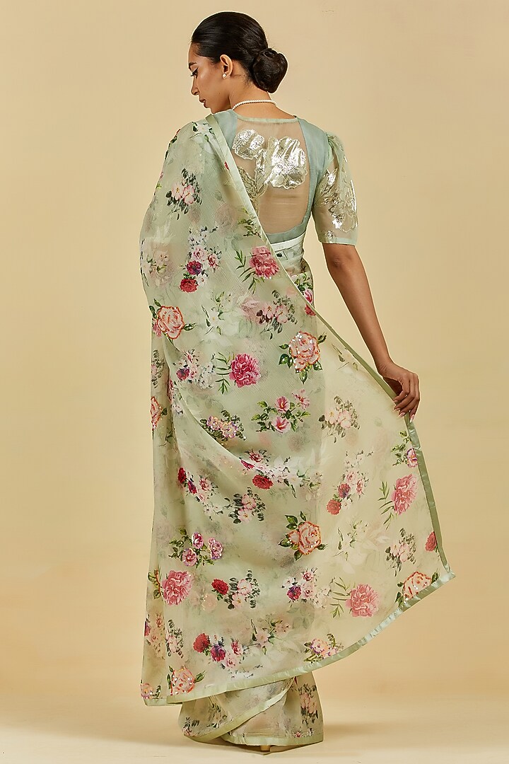 Sage Green Printed & Embroidered Wedding Saree Set by Atelier Shikaarbagh at Pernia's Pop Up Shop