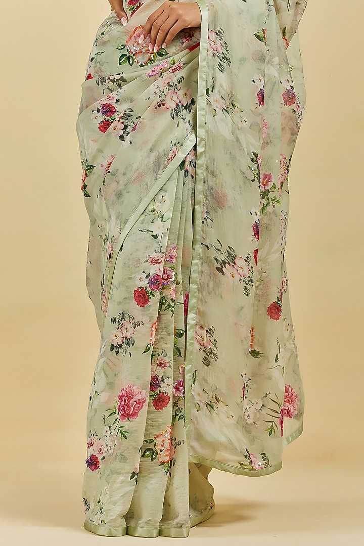 Sage Green Printed & Embroidered Wedding Saree Set by Atelier Shikaarbagh at Pernia's Pop Up Shop